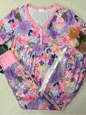 Floral Pink & Purple Women's Pajama Set - Soft V-Neck Sleepwear
